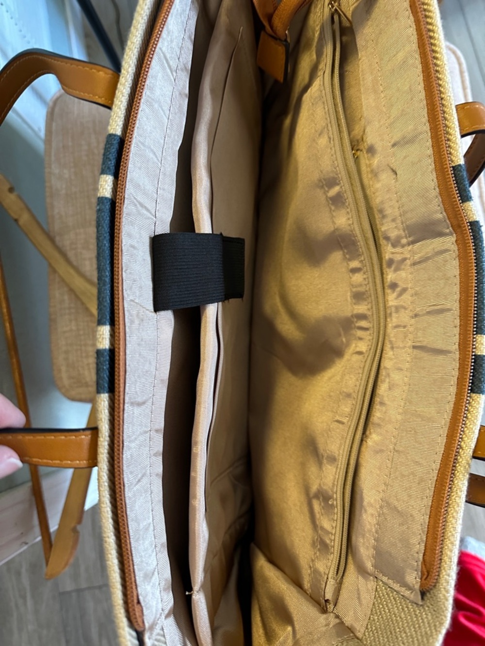 Canvas Tote Bag with Dark Blue Stripe and Brown Leather Handles - Picture 4 of 8